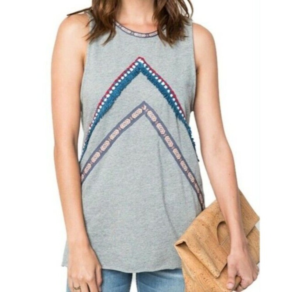 Hayden LA Womens Sleeveless Tank Top Medium Embroidered Gray Boho